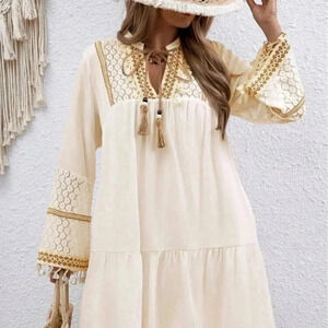 Women's Plus Size Lace Patchwork Fringed Tie Neck Rag Doll Dress